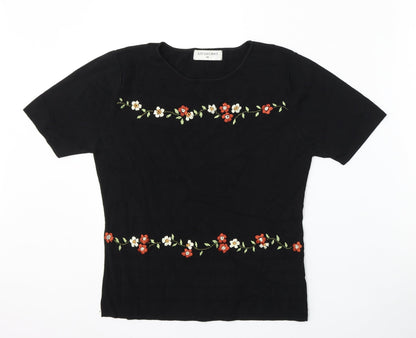 JUST ELEGANCE Womens Black Round Neck Floral Rayon Pullover Jumper Size 14