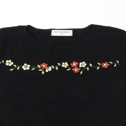 JUST ELEGANCE Womens Black Round Neck Floral Rayon Pullover Jumper Size 14
