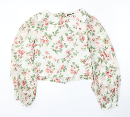 Angel Eye Womens White Floral Polyester Basic Blouse Size S Round Neck