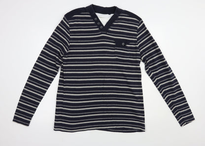 BHS Mens Blue V-Neck Striped Cotton Pullover Jumper Size L