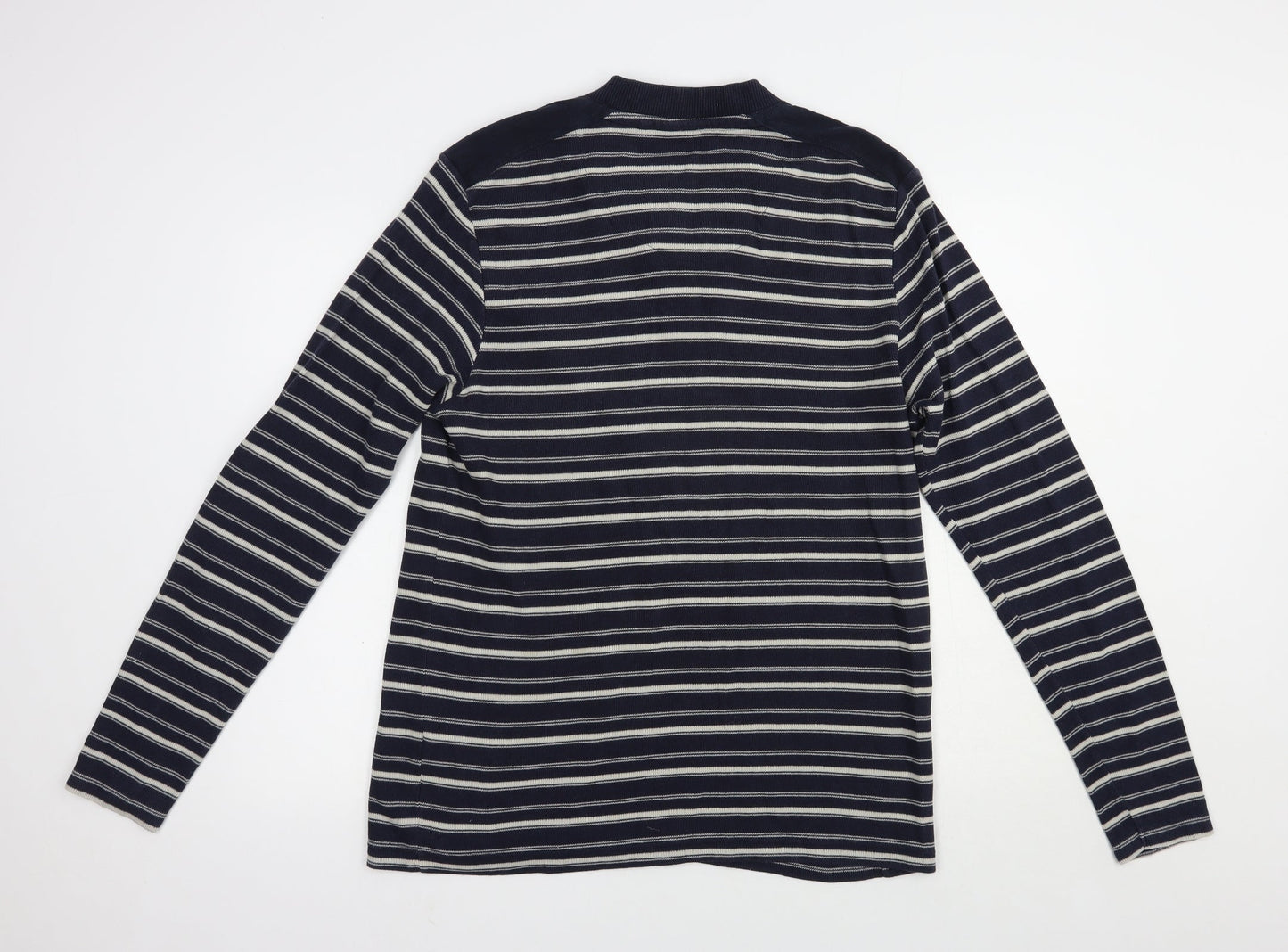 BHS Mens Blue V-Neck Striped Cotton Pullover Jumper Size L