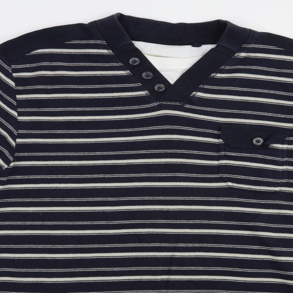 BHS Mens Blue V-Neck Striped Cotton Pullover Jumper Size L