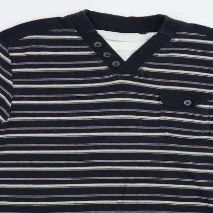 BHS Mens Blue V-Neck Striped Cotton Pullover Jumper Size L
