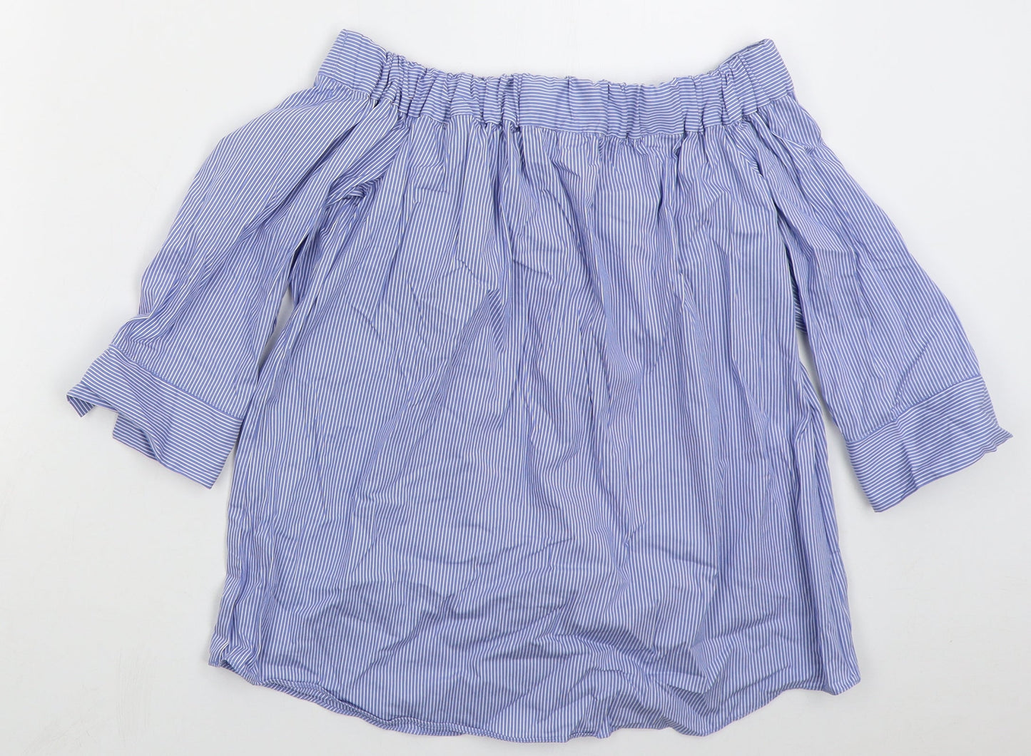 TU Womens Blue Striped Cotton Basic Blouse Size 8 Off the Shoulder