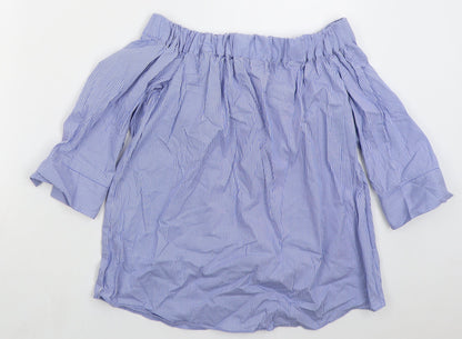 TU Womens Blue Striped Cotton Basic Blouse Size 8 Off the Shoulder
