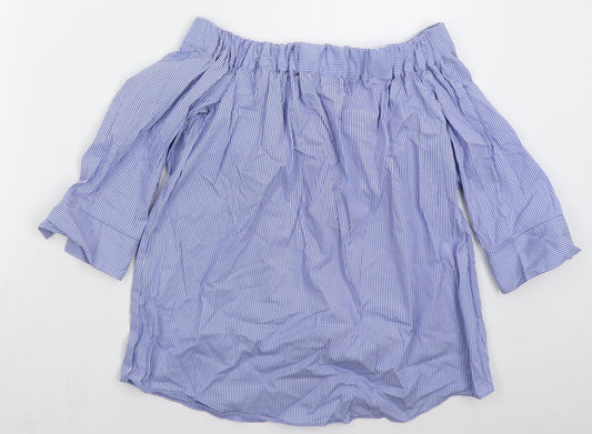 TU Womens Blue Striped Cotton Basic Blouse Size 8 Off the Shoulder