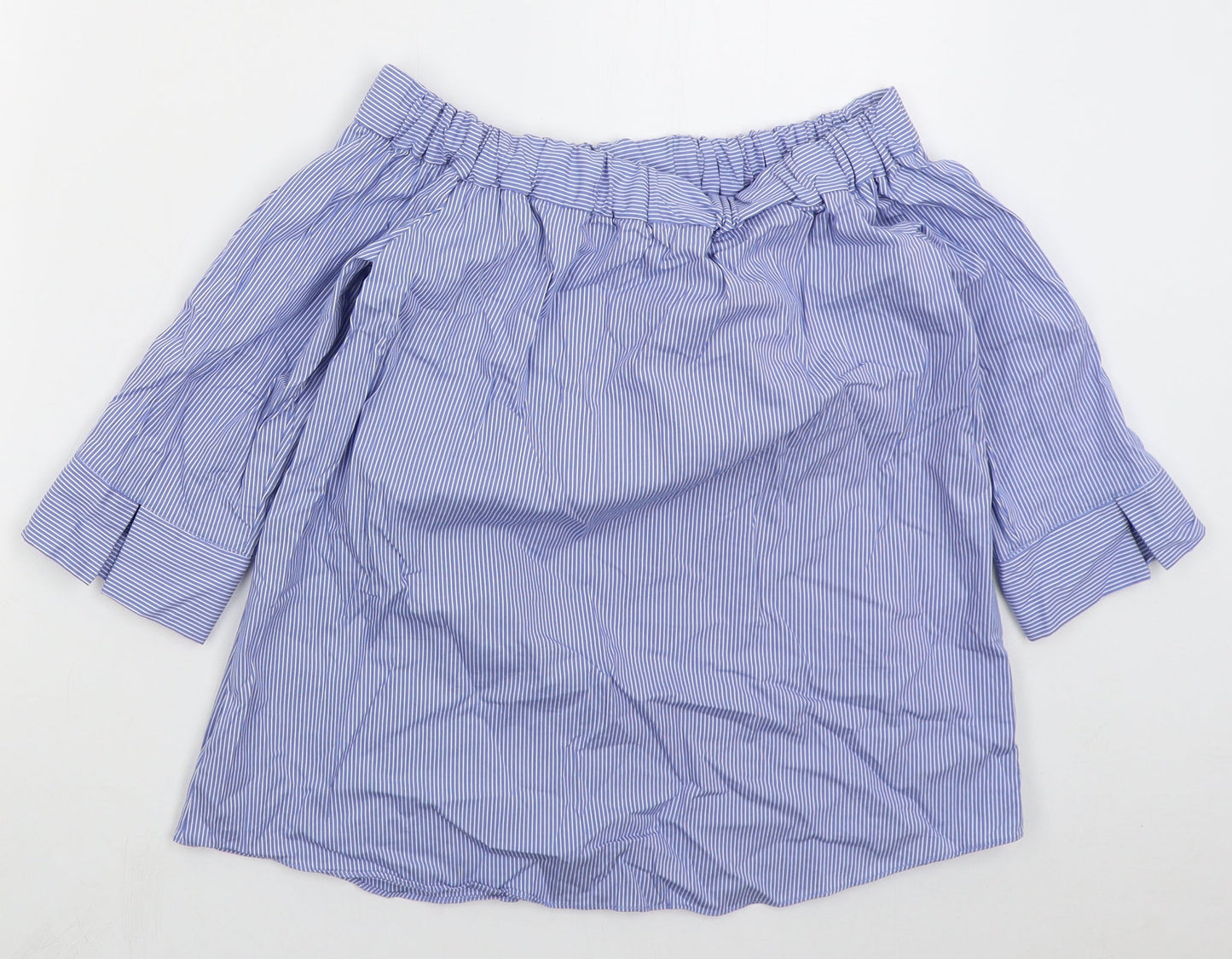 TU Womens Blue Striped Cotton Basic Blouse Size 8 Off the Shoulder