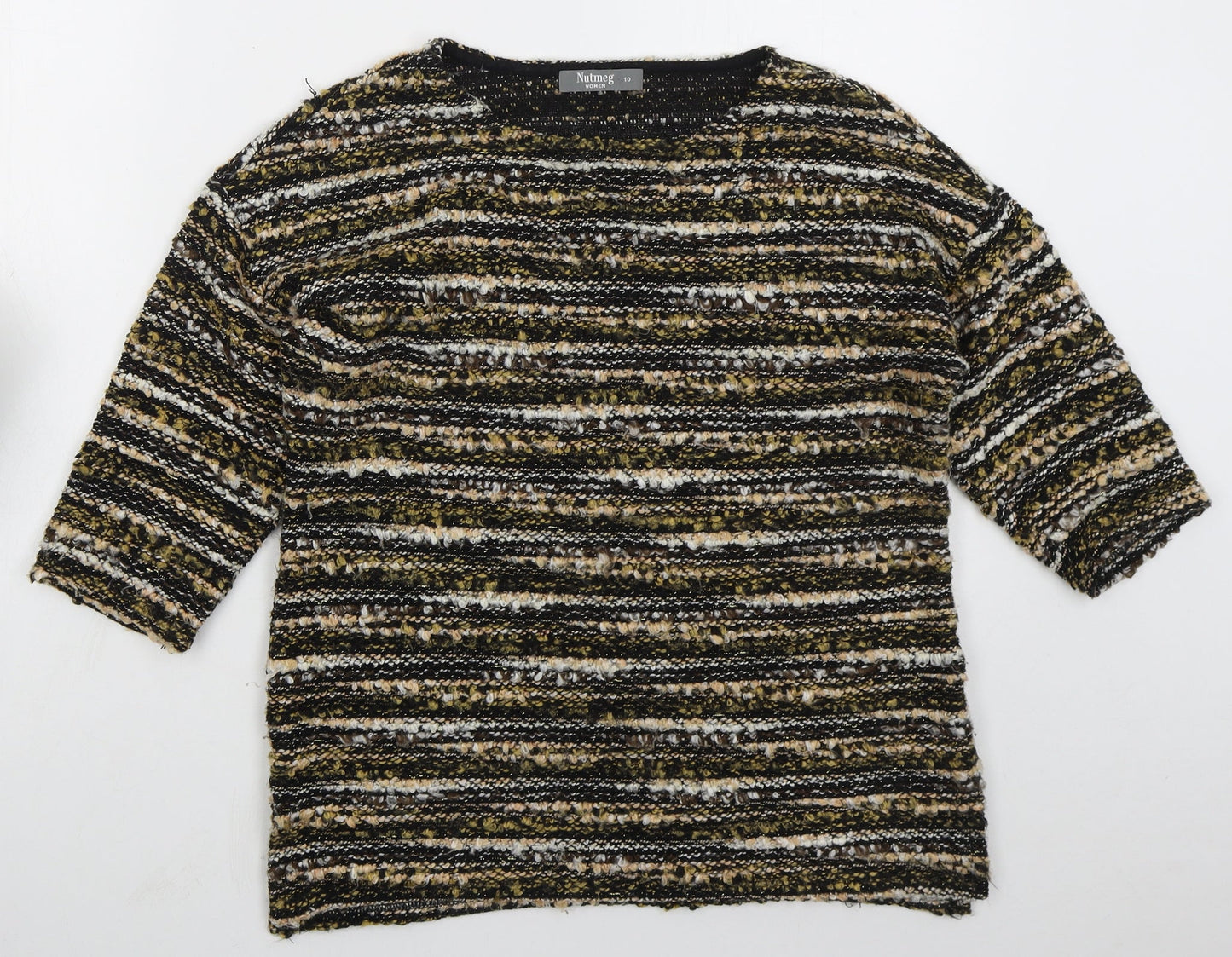 Nutmeg Womens Gold Round Neck Striped Acrylic Pullover Jumper Size 10