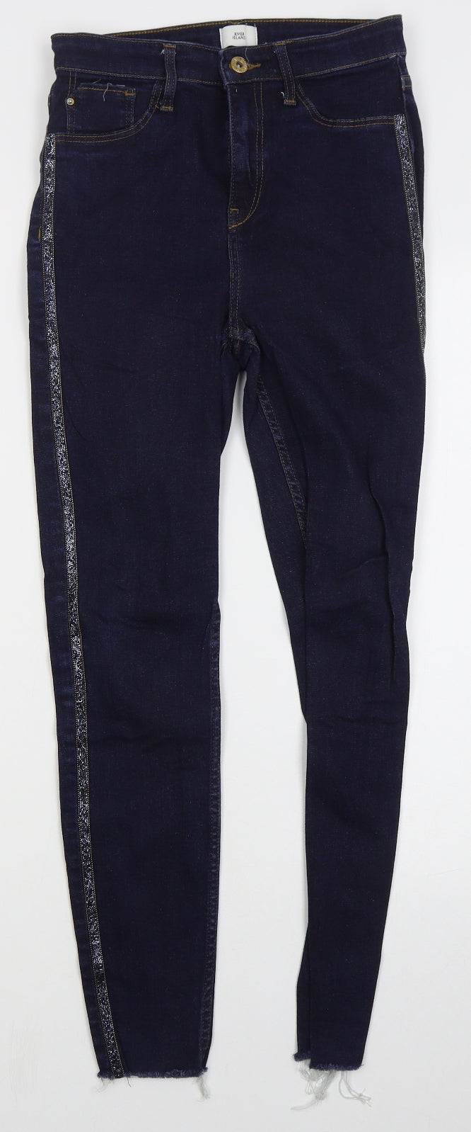 River Island Womens Blue  Cotton Skinny Jeans Size 10 L27 in Regular Button - Distressed Hem