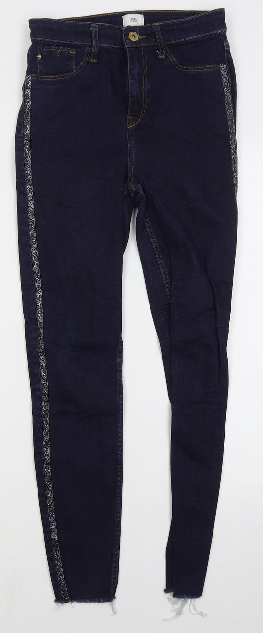 River Island Womens Blue  Cotton Skinny Jeans Size 10 L27 in Regular Button - Distressed Hem