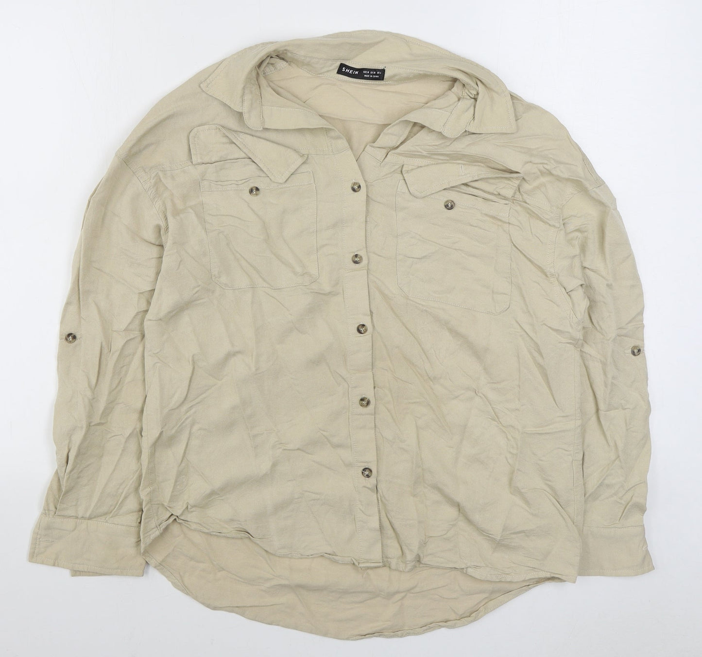 SheIn Womens Beige  Polyester Basic Button-Up Size M Collared