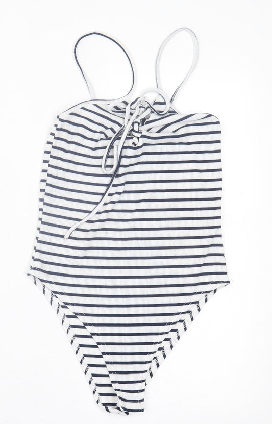 Missguided Womens Blue Striped Polyester Bodysuit One-Piece Size 8  Pullover