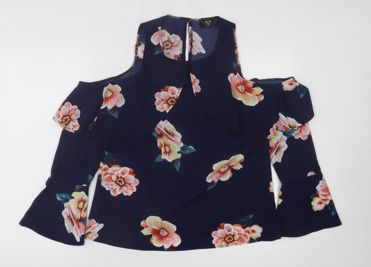 AX Paris Womens Blue Floral Polyester Basic Blouse Size 10 Crew Neck