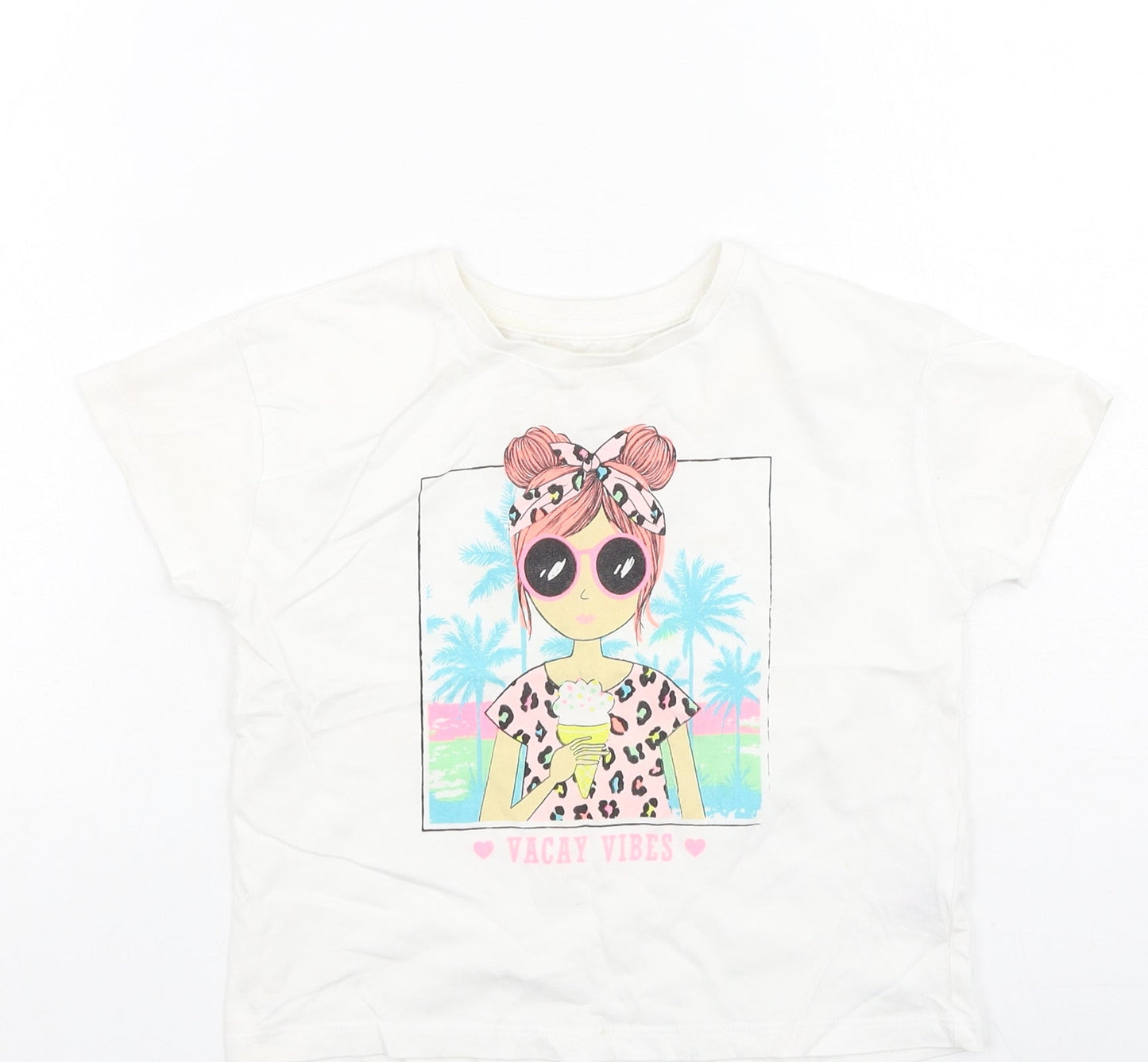 Dunnes Stores Girls White  Cotton Basic Casual Size 4-5 Years Round Neck