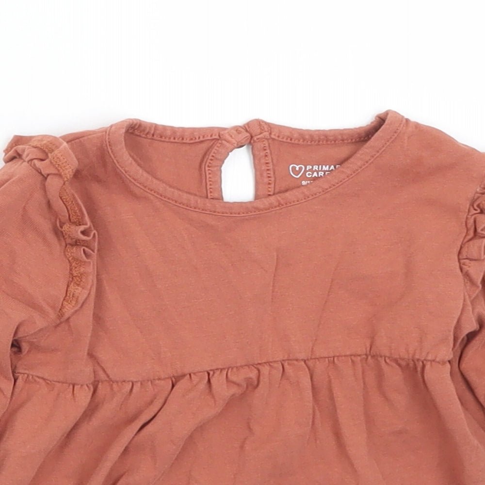 Primark Girls Brown  Cotton Basic T-Shirt Size 9-12 Months Round Neck Button