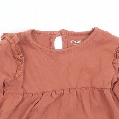 Primark Girls Brown  Cotton Basic T-Shirt Size 9-12 Months Round Neck Button