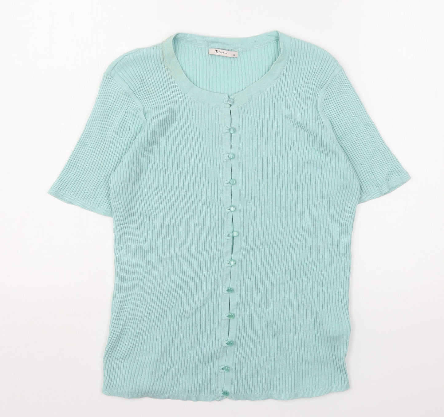 TU Womens Green  Cotton Basic Button-Up Size 14 Round Neck