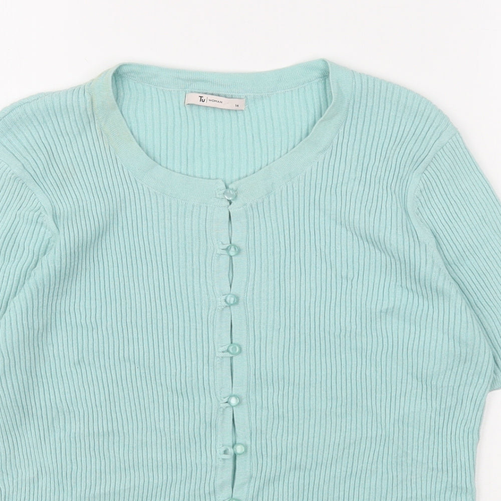 TU Womens Green  Cotton Basic Button-Up Size 14 Round Neck