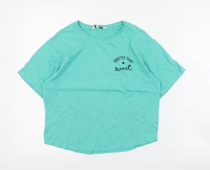 Miss Evie Girls Green  Cotton Cropped T-Shirt Size 13-14 Years Crew Neck Pullover - Slogan