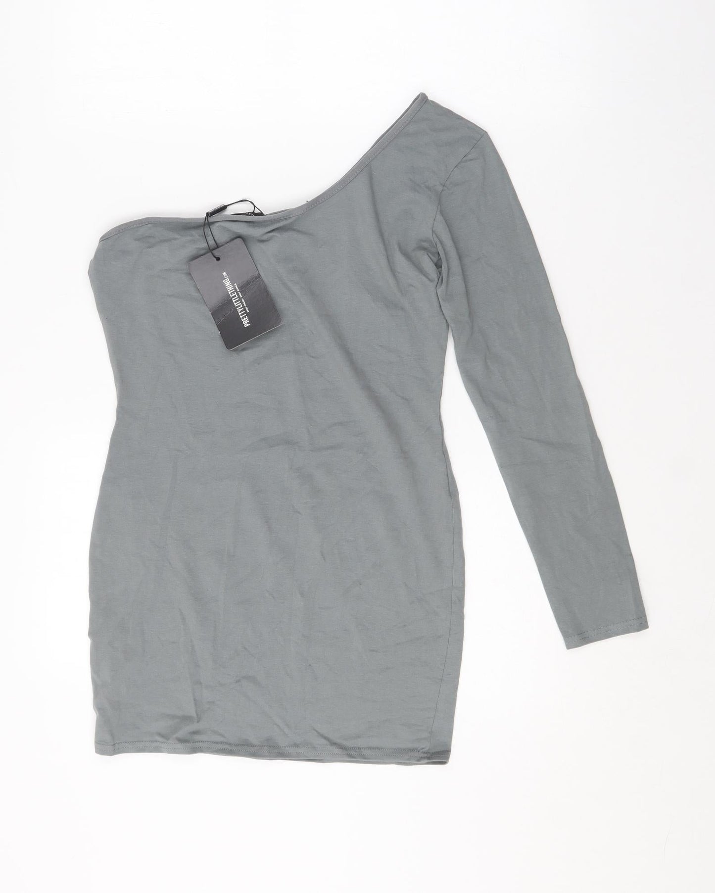 PRETTYLITTLETHING Womens Grey  Cotton Bodycon  Size 14  One Shoulder