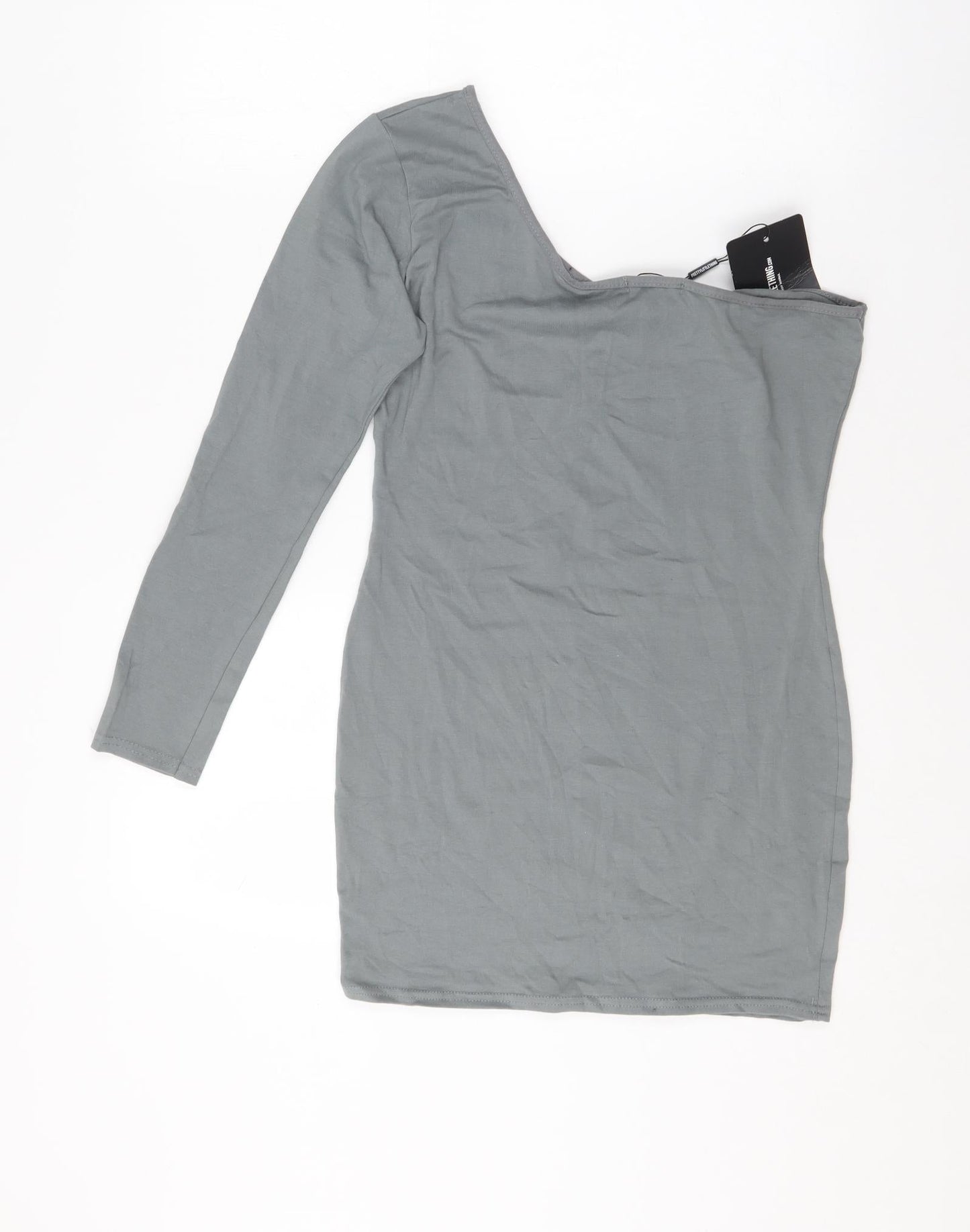 PRETTYLITTLETHING Womens Grey  Cotton Bodycon  Size 14  One Shoulder