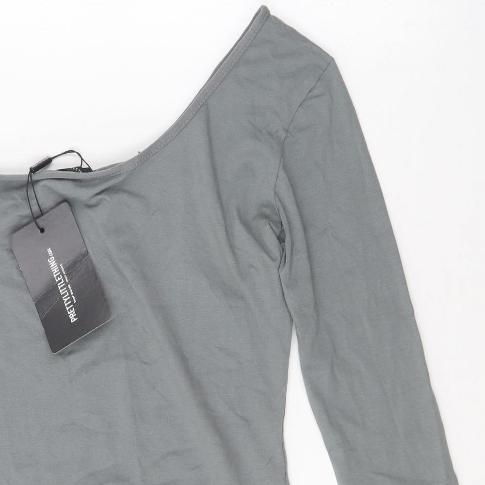 PRETTYLITTLETHING Womens Grey  Cotton Bodycon  Size 14  One Shoulder