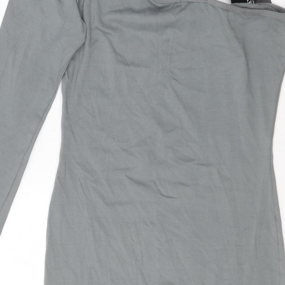 PRETTYLITTLETHING Womens Grey  Cotton Bodycon  Size 14  One Shoulder