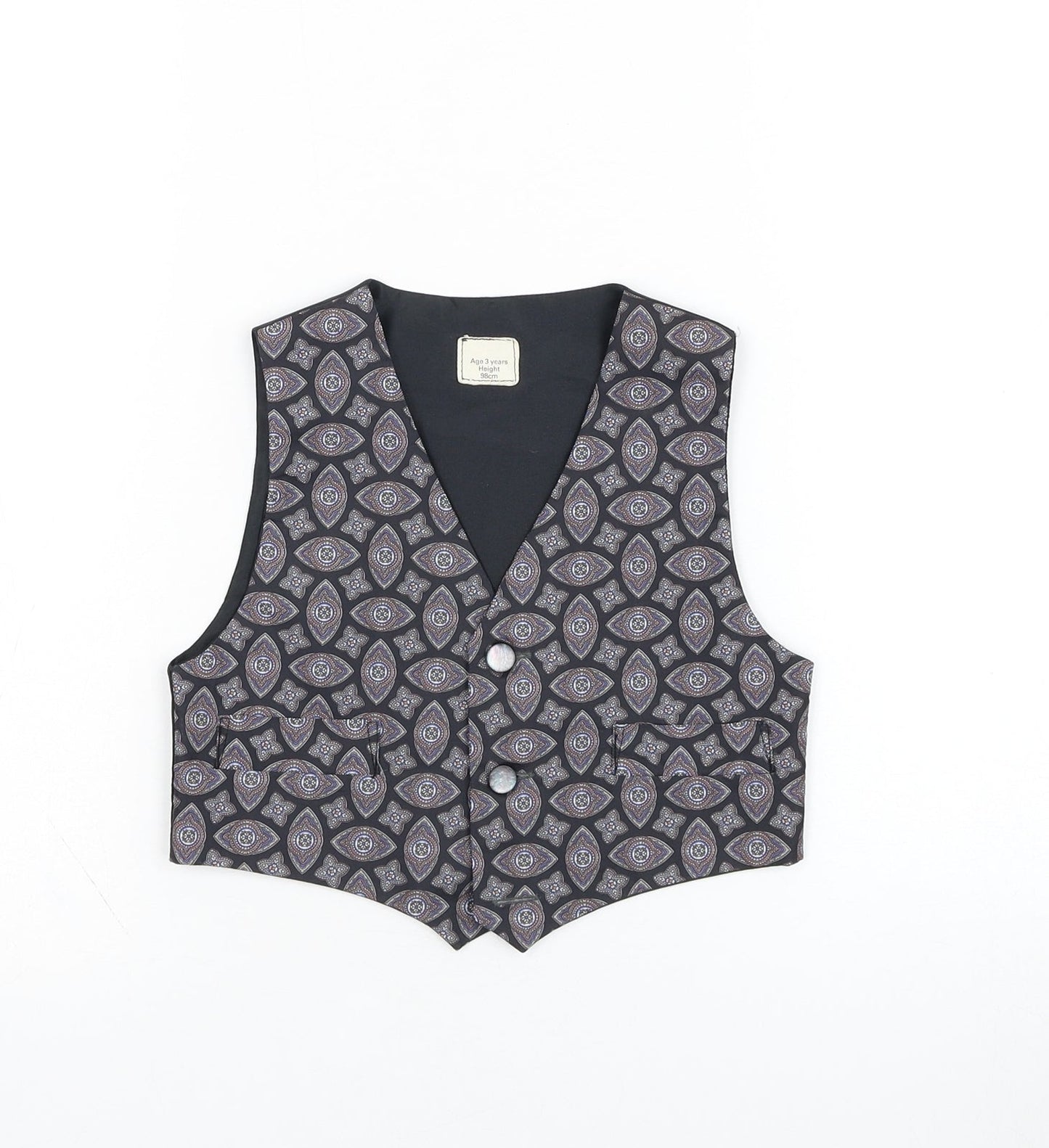 Preworn Boys Black Geometric  Jacket Waistcoat Size 3 Years  Button