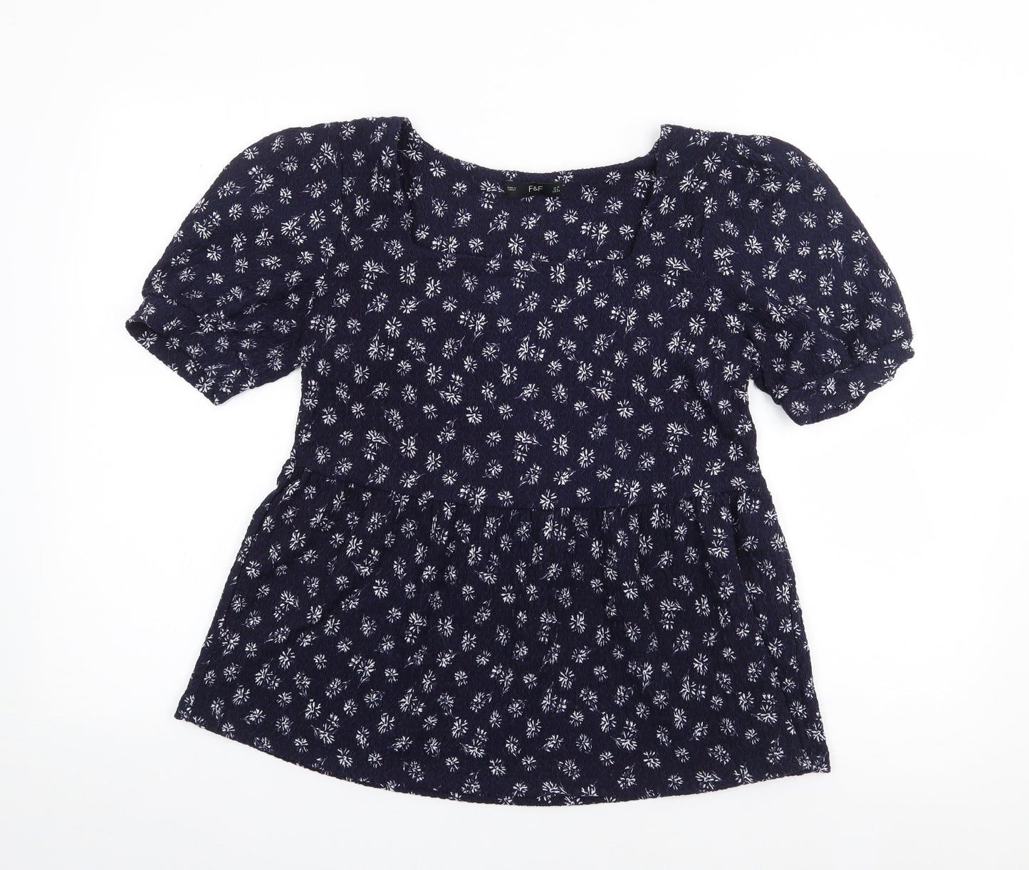 F&F Womens Blue Floral Polyester Jersey T-Shirt Size 10 Square Neck