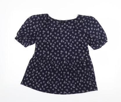 F&F Womens Blue Floral Polyester Jersey T-Shirt Size 10 Square Neck