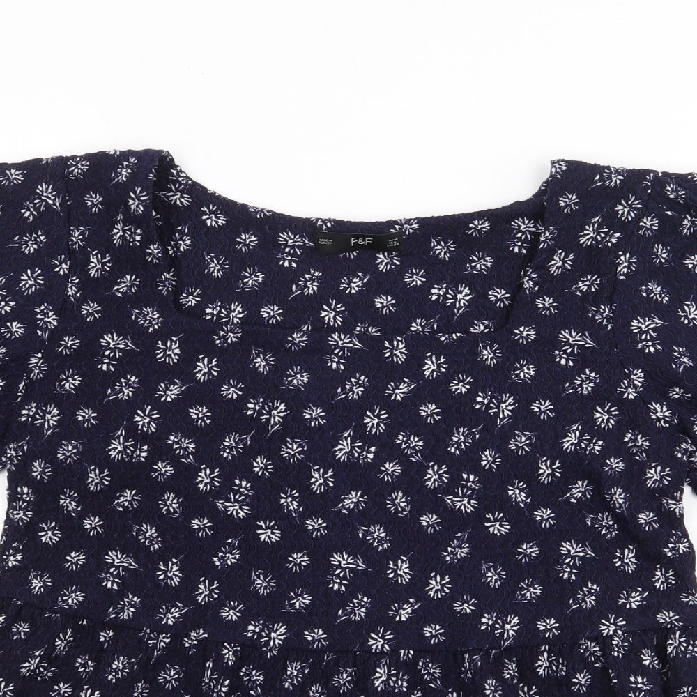 F&F Womens Blue Floral Polyester Jersey T-Shirt Size 10 Square Neck