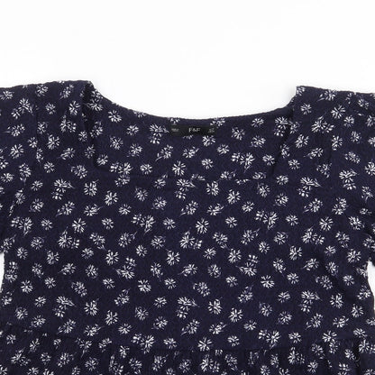 F&F Womens Blue Floral Polyester Jersey T-Shirt Size 10 Square Neck