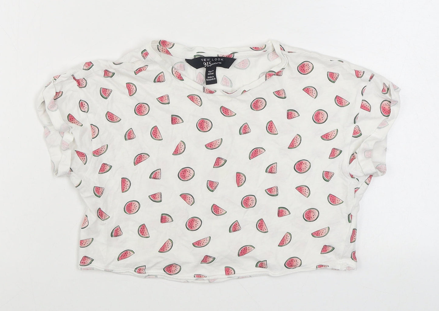 915 Generation Girls White Geometric 100% Cotton Basic T-Shirt Size 9 Years Round Neck Pullover - Cropped