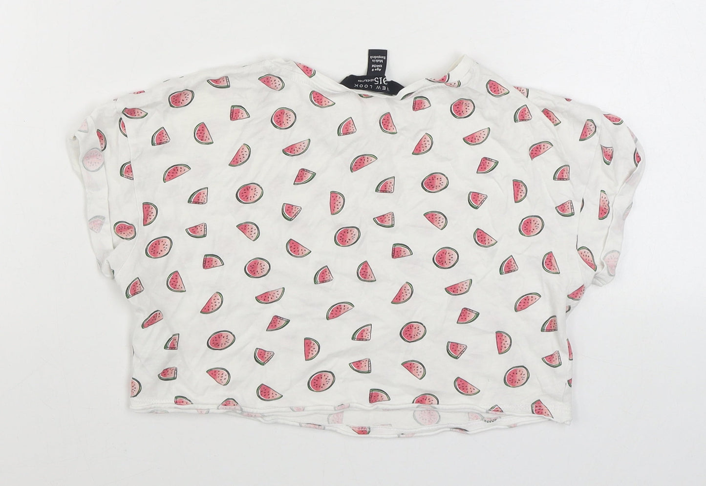 915 Generation Girls White Geometric 100% Cotton Basic T-Shirt Size 9 Years Round Neck Pullover - Cropped