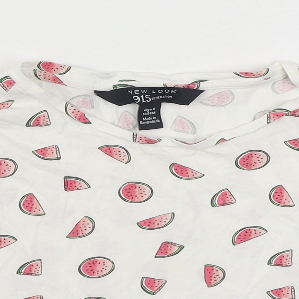 915 Generation Girls White Geometric 100% Cotton Basic T-Shirt Size 9 Years Round Neck Pullover - Cropped