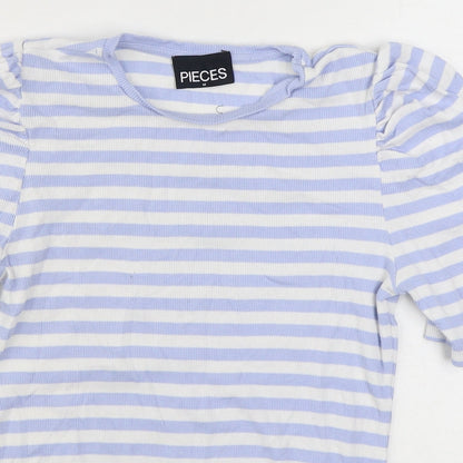 Pieces Womens Black Striped Cotton Basic T-Shirt Size M Round Neck
