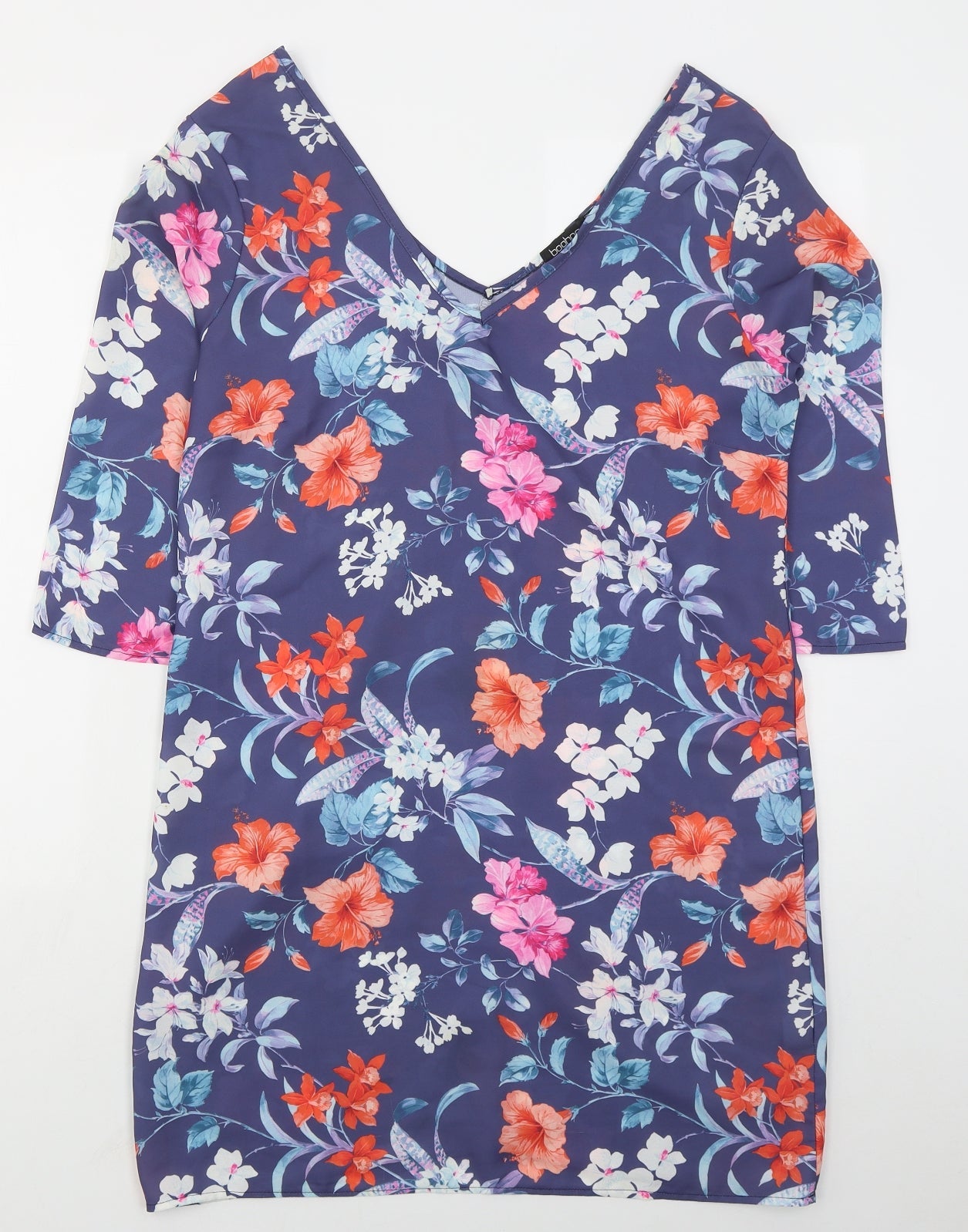 Boohoo Womens Blue Floral Polyester Mini  Size 12  V-Neck Pullover