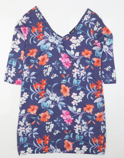 Boohoo Womens Blue Floral Polyester Mini  Size 12  V-Neck Pullover