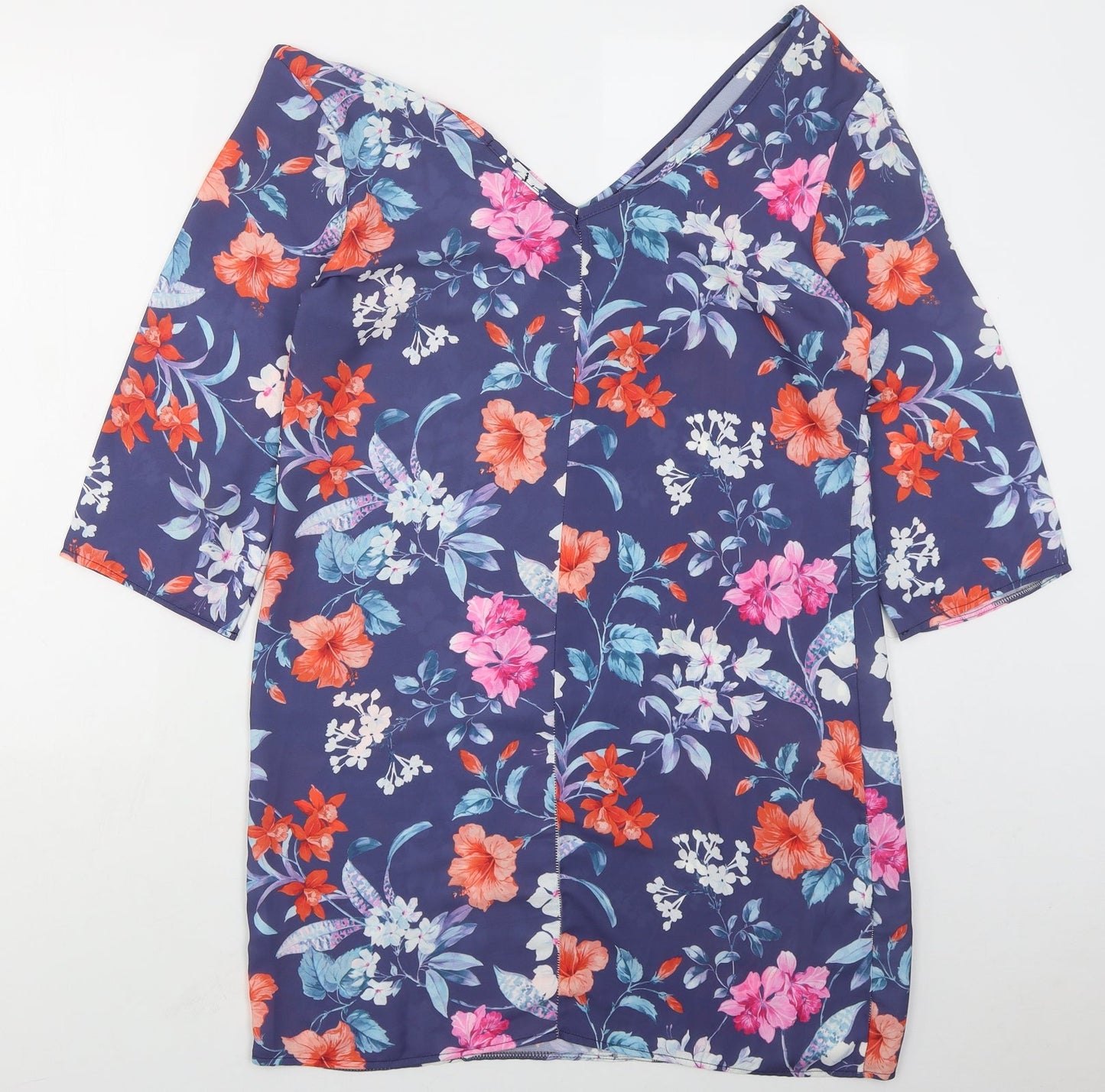 Boohoo Womens Blue Floral Polyester Mini  Size 12  V-Neck Pullover