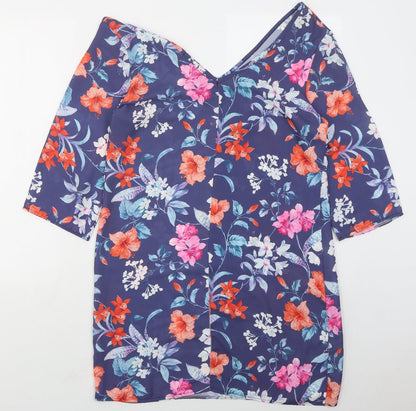 Boohoo Womens Blue Floral Polyester Mini  Size 12  V-Neck Pullover