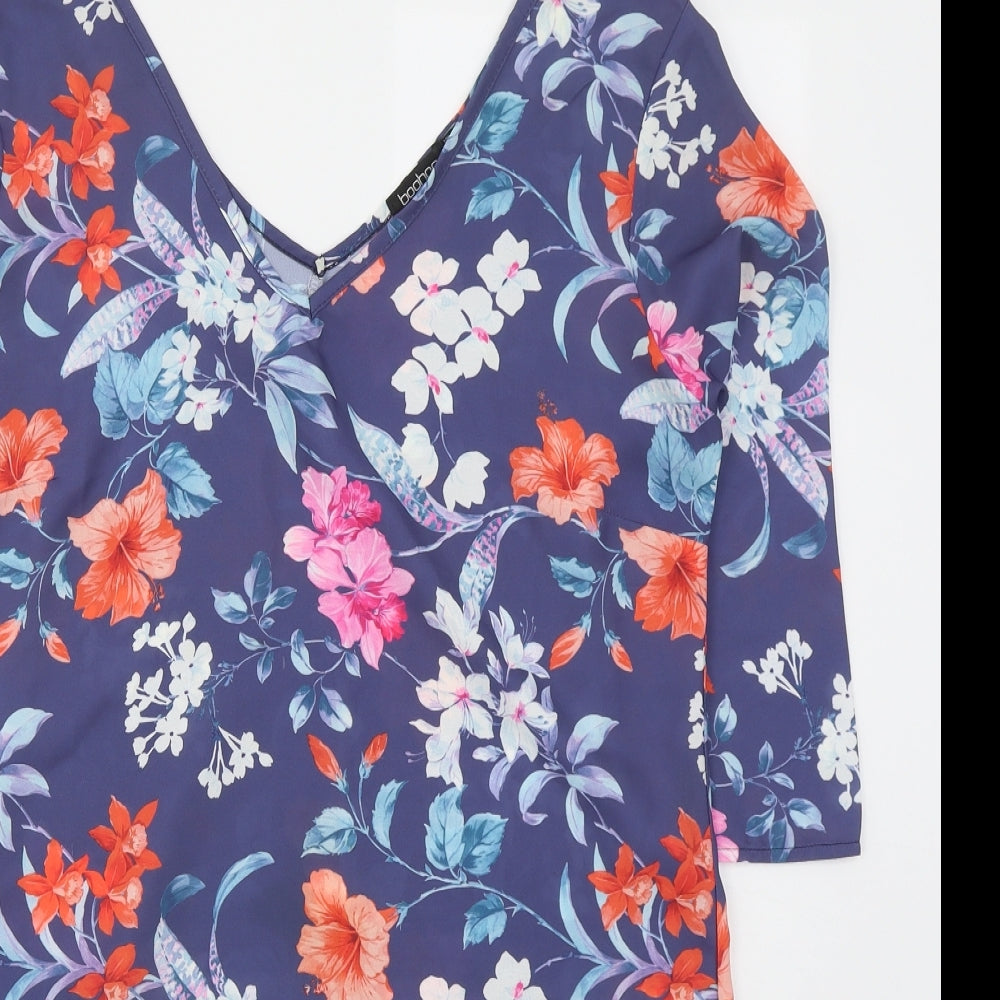 Boohoo Womens Blue Floral Polyester Mini  Size 12  V-Neck Pullover