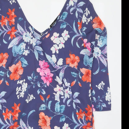 Boohoo Womens Blue Floral Polyester Mini  Size 12  V-Neck Pullover