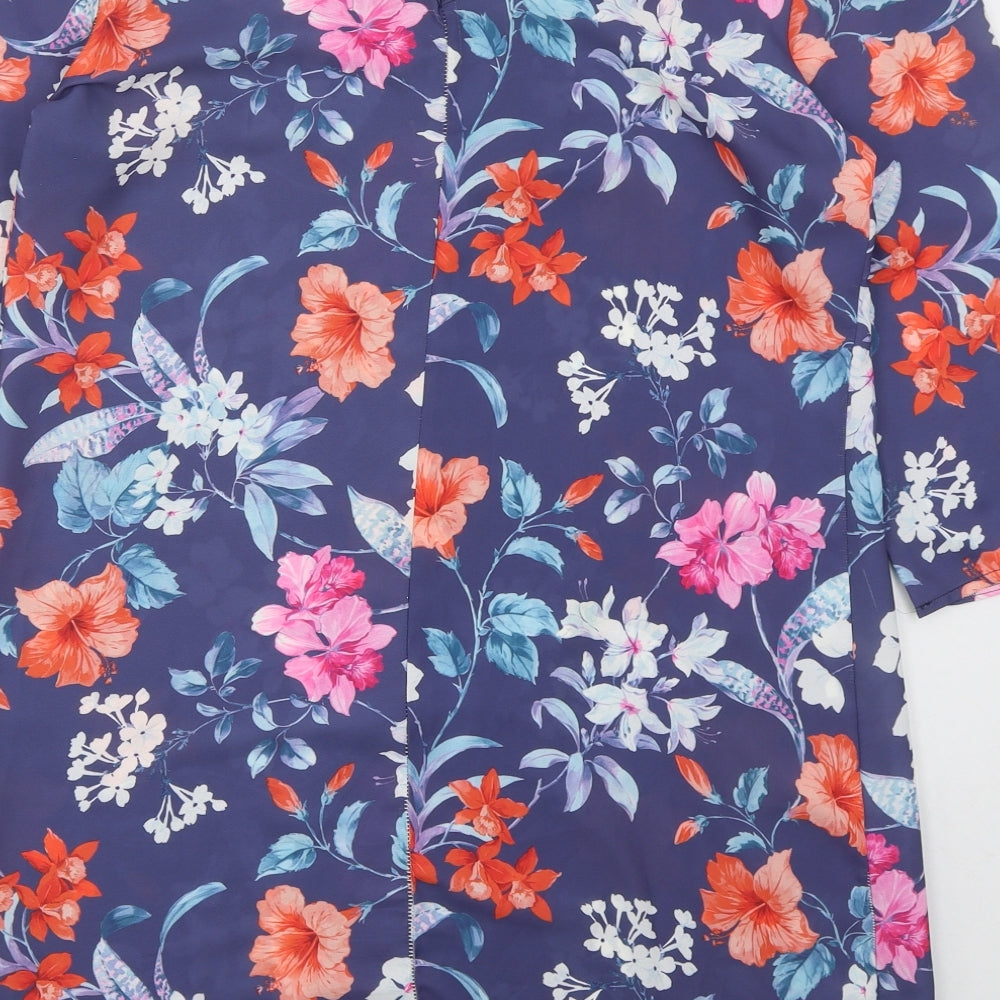 Boohoo Womens Blue Floral Polyester Mini  Size 12  V-Neck Pullover