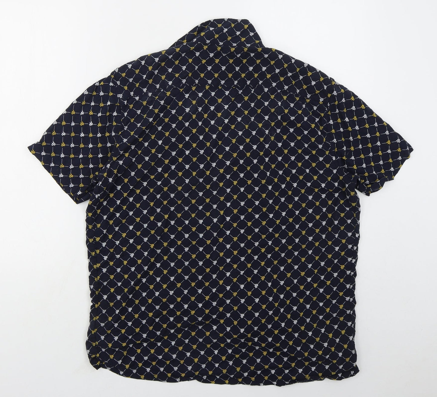Primark Mens Blue Geometric Viscose  Button-Up Size M Collared Button