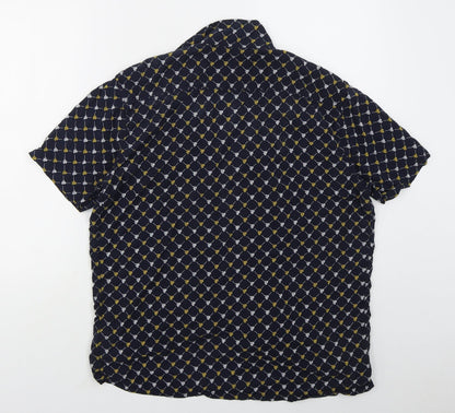 Primark Mens Blue Geometric Viscose  Button-Up Size M Collared Button