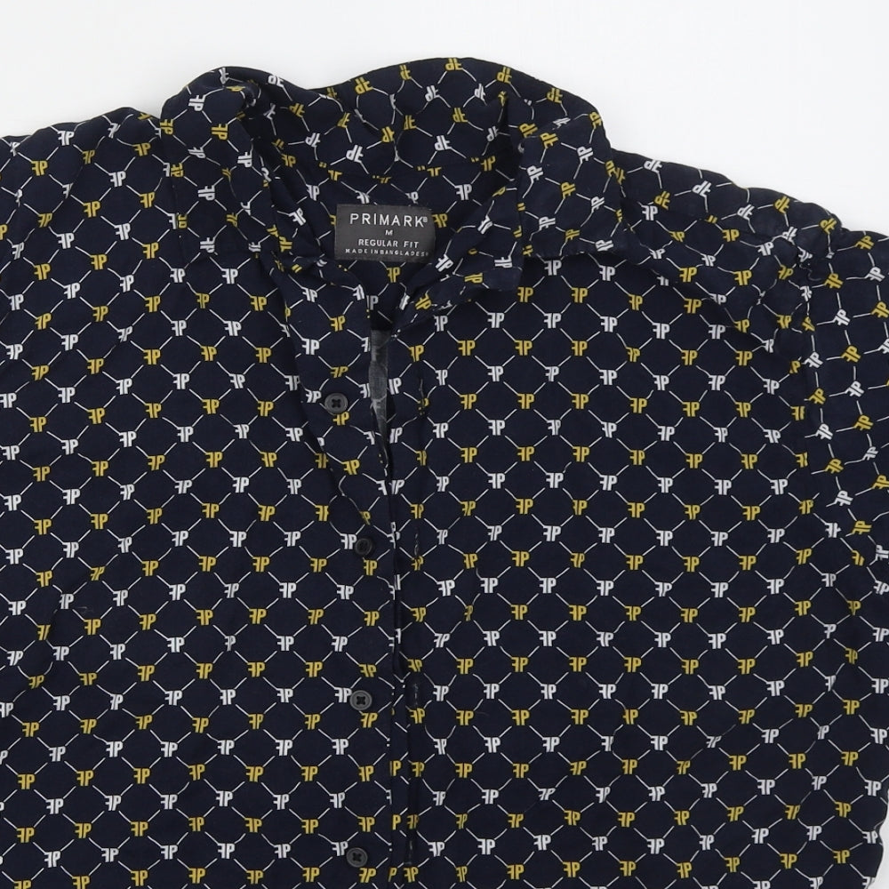 Primark Mens Blue Geometric Viscose  Button-Up Size M Collared Button