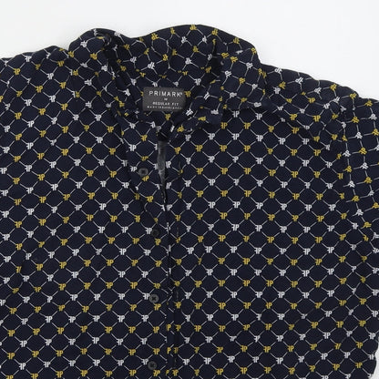 Primark Mens Blue Geometric Viscose  Button-Up Size M Collared Button