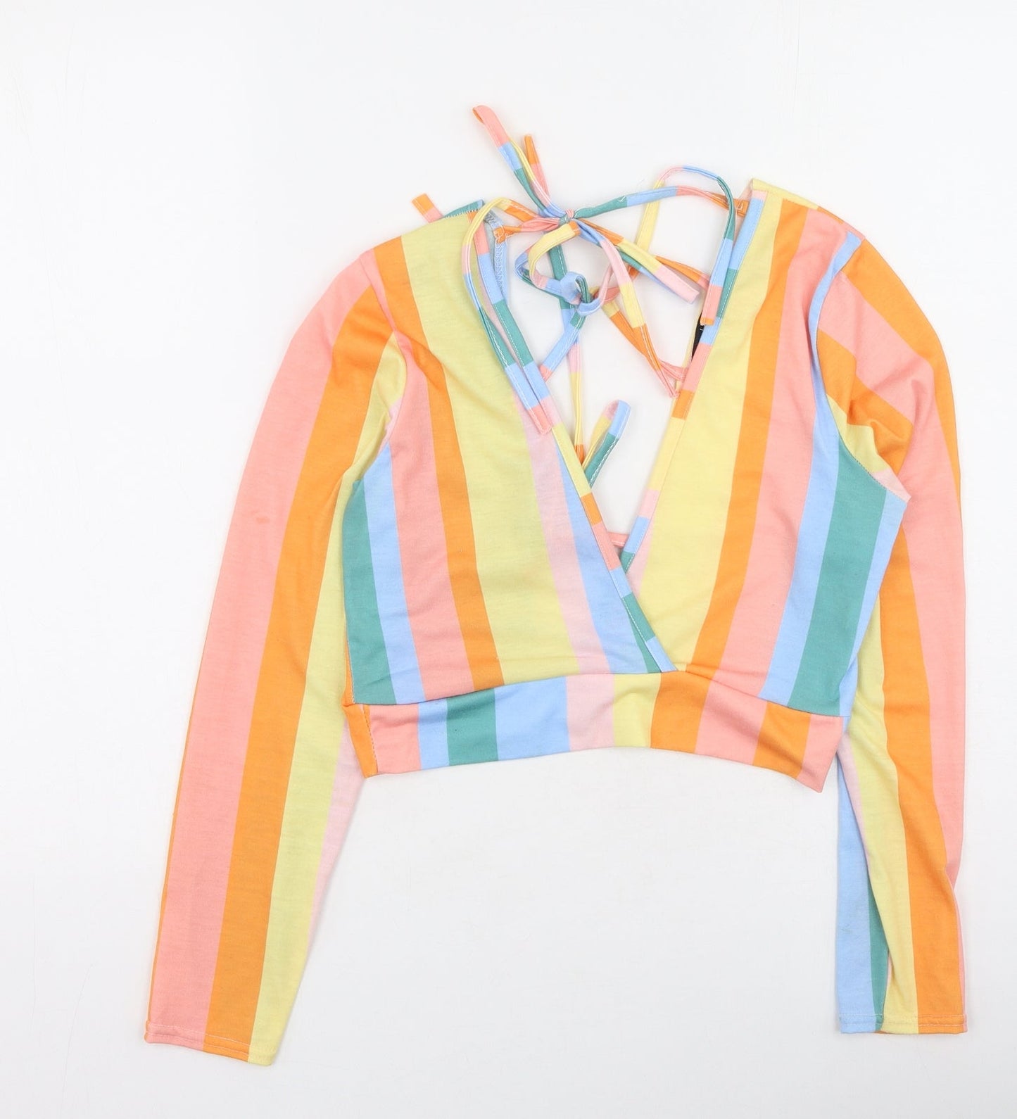 Boohoo Womens Multicoloured Striped Polyester Basic T-Shirt Size 12 V-Neck