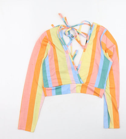 Boohoo Womens Multicoloured Striped Polyester Basic T-Shirt Size 12 V-Neck