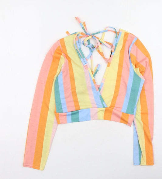 Boohoo Womens Multicoloured Striped Polyester Basic T-Shirt Size 12 V-Neck